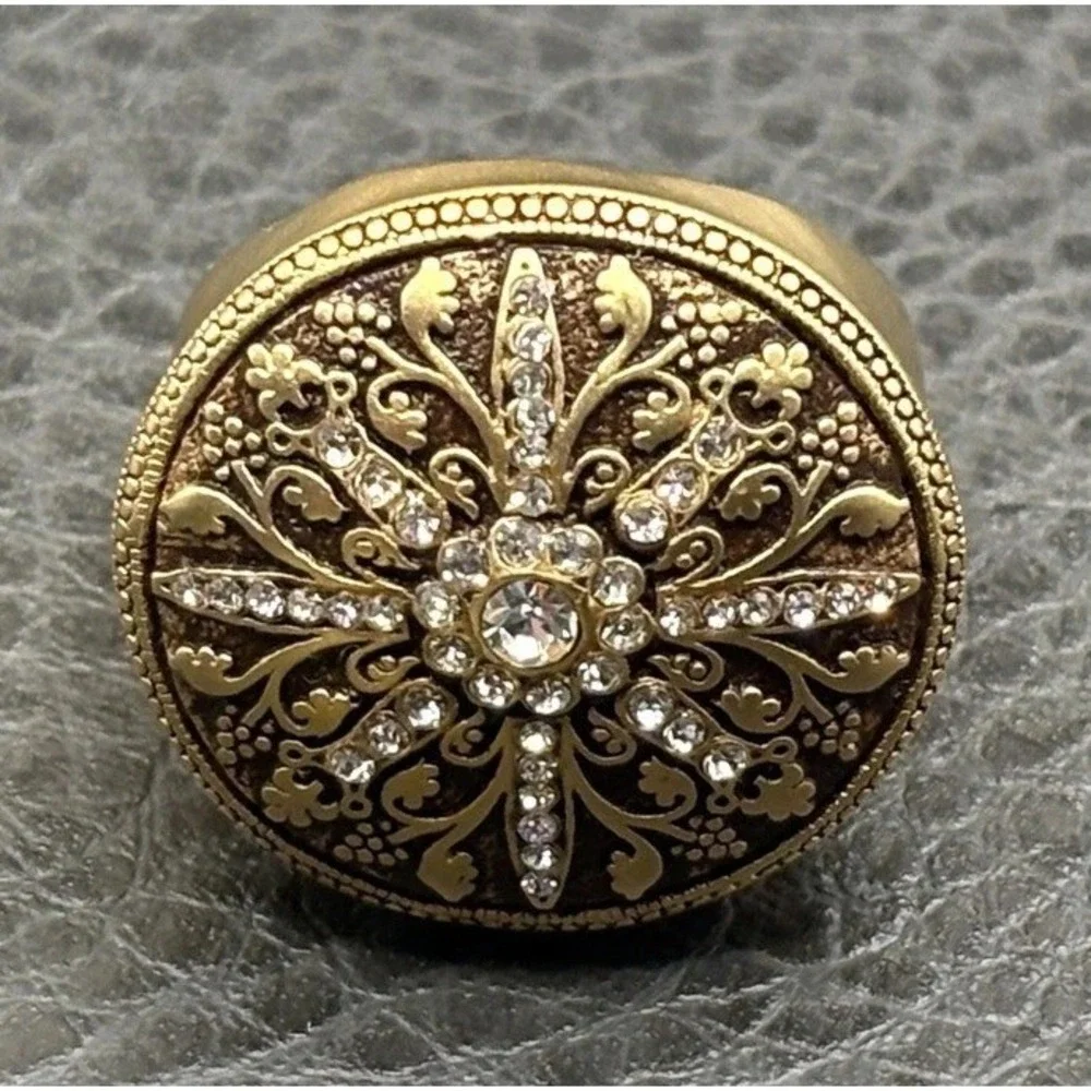 Huge Etruscan Style Dome Filigree Crystal Statement Ring Gold Tone Size 8